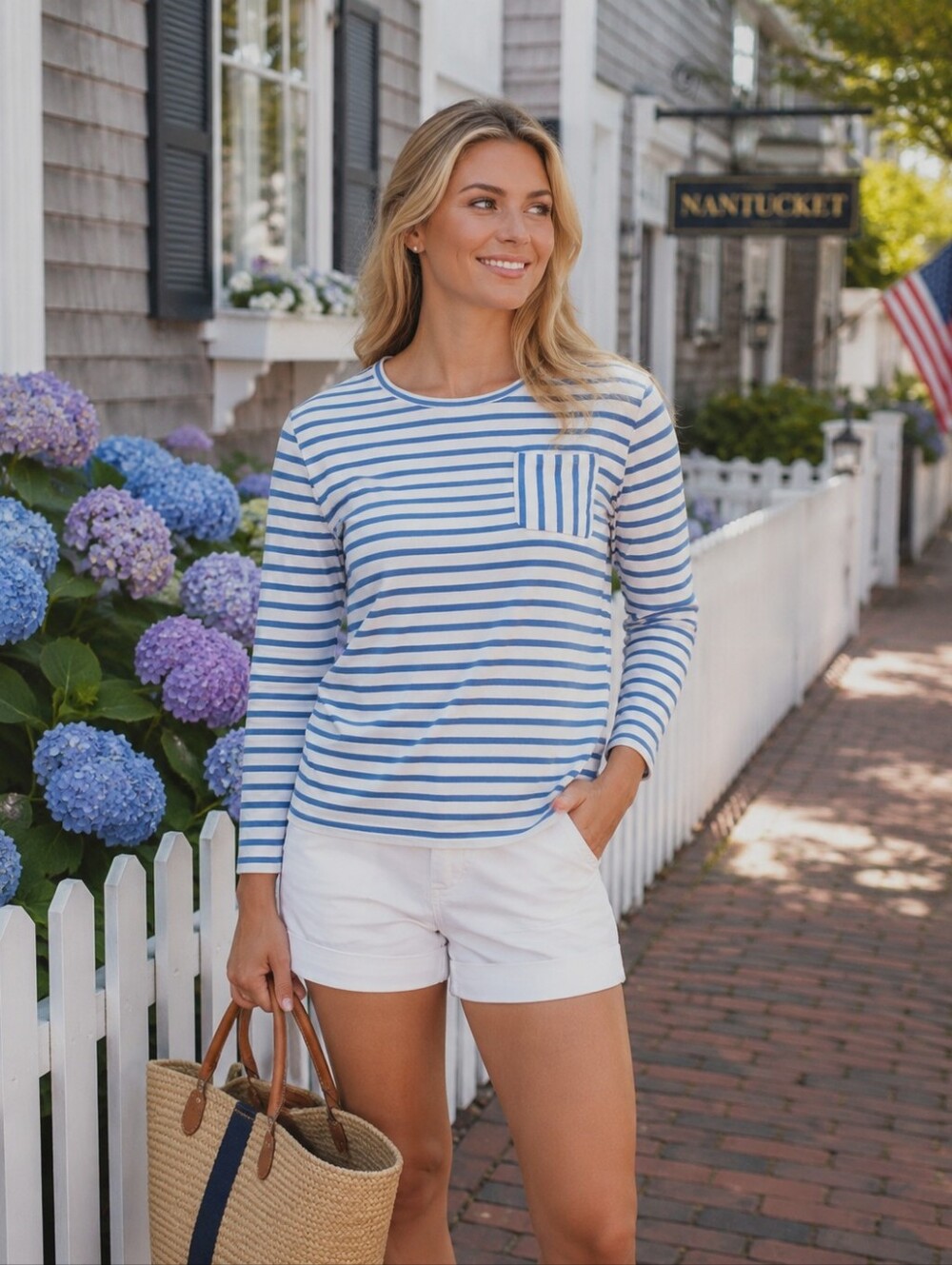 J. McLaughlin Piper Blue & White Striped Knit Tee ¾ Length Sleeve Size Small